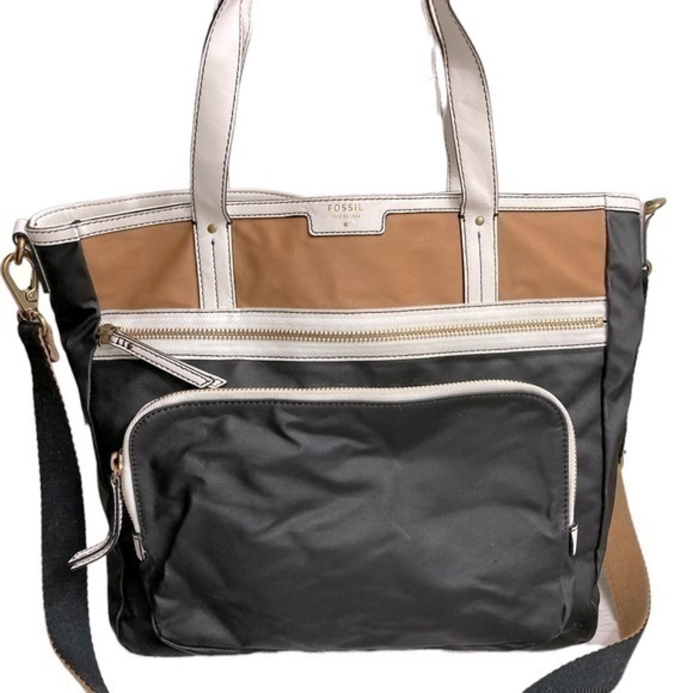 Fossil colorblock book business travel tote bag black brown two way bag